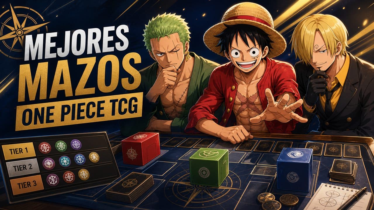 Personajes de One Piece comparando mazos para jugar One Piece TCG competitivo