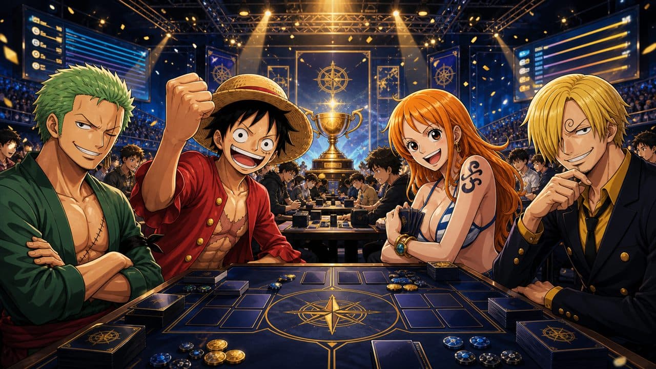 Torneo de One Piece TCG con jugadores compitiendo en mesas de cartas