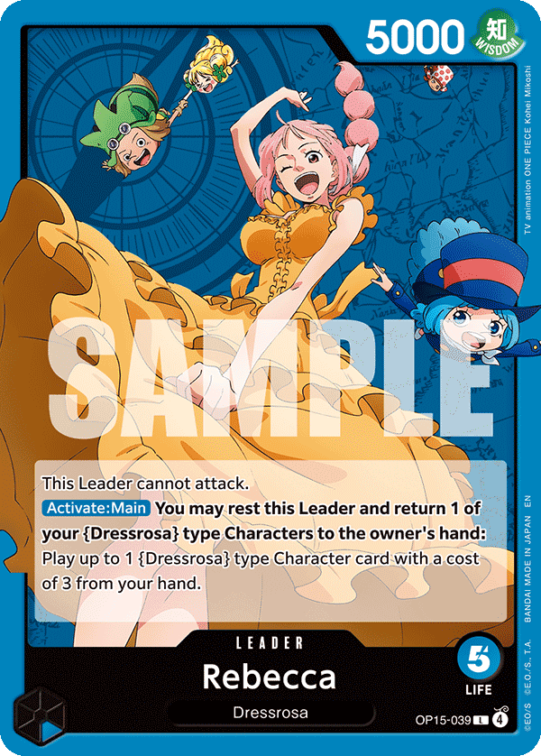 Rebecca OP15-039 carta Líder One Piece TCG color Azul