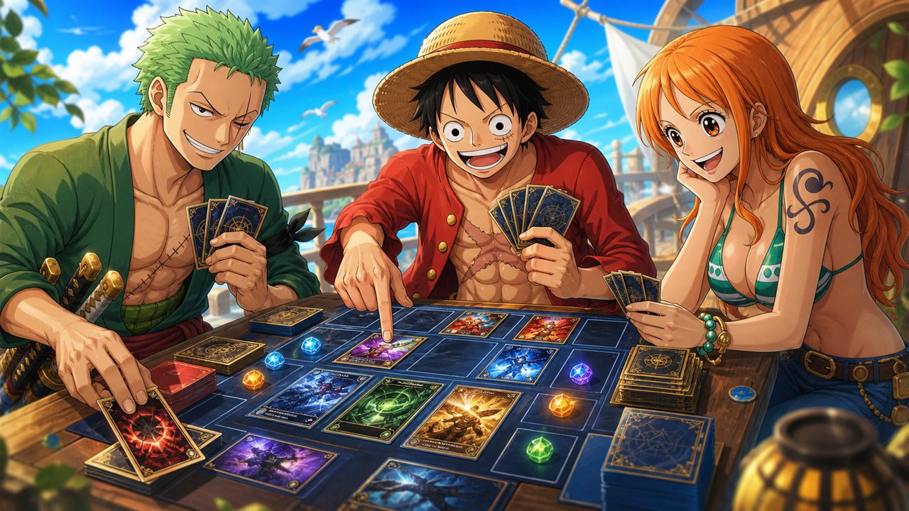Personajes de One Piece aprendiendo a jugar One Piece TCG en una mesa de cartas